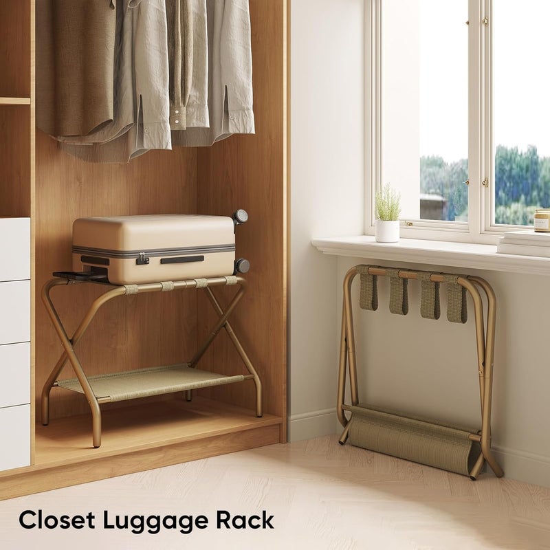 Smart FENDEE Gold Luggage Rack for Guest Room, Folding Suitcase Stand with Storage Shelf, Steel Portable Luggage Stand Bedroom, Hotel, Travel, Easy Assembly, Hold up to 110 lb - Image 4